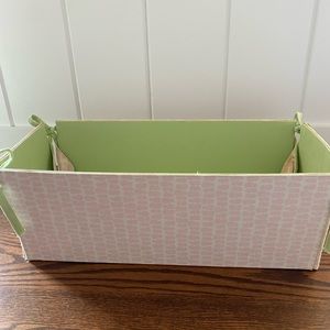 PBK Pottery Barn Kids bin pink white and green with tie sides